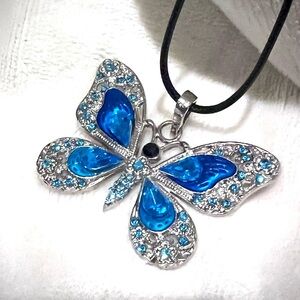 Silver Butterfly Necklace with Blue Crystals, Black Cord Adjustable Closure